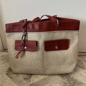 LONGCHAMPS luxury French Brand Cream and Red Tote Canvas and Leather